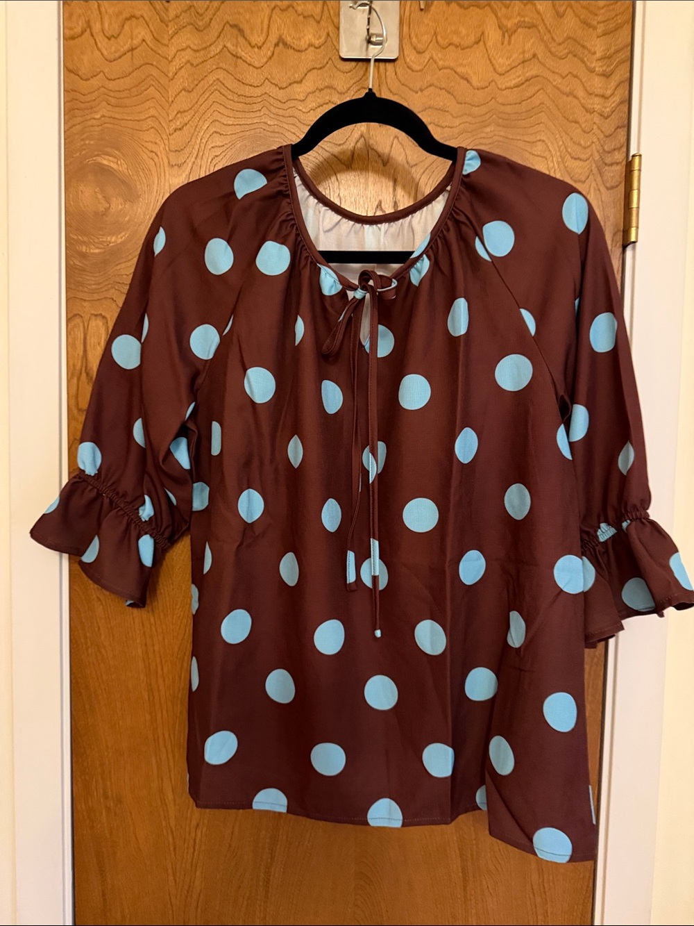 Women's Brown Polka Dot Tie-Neck Blouse